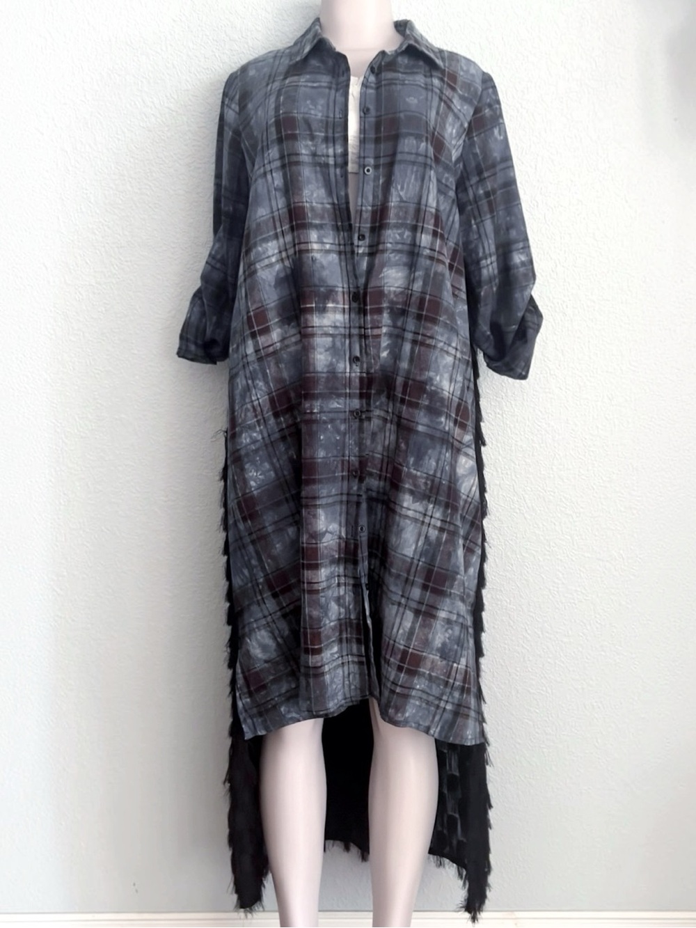 Plaid Linen Fringed Tab Sleeve Jacket Hi/Lo Lagenlook Western Boho L/XL - Picture 4 of 10